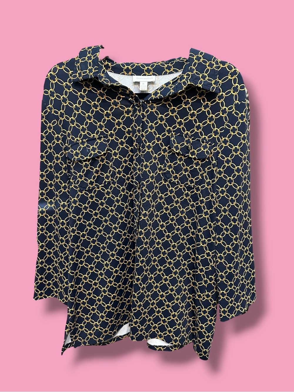 Charter Club Navy Button-Down Shirt with Gold Chain Print